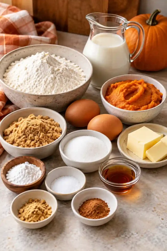 Fluffy homemade Pumpkin Pancakes topped with butter and maple syrup for an easy fall breakfast. The pancakes are flavored with cinnamon, ginger, nutmeg, and vanilla.