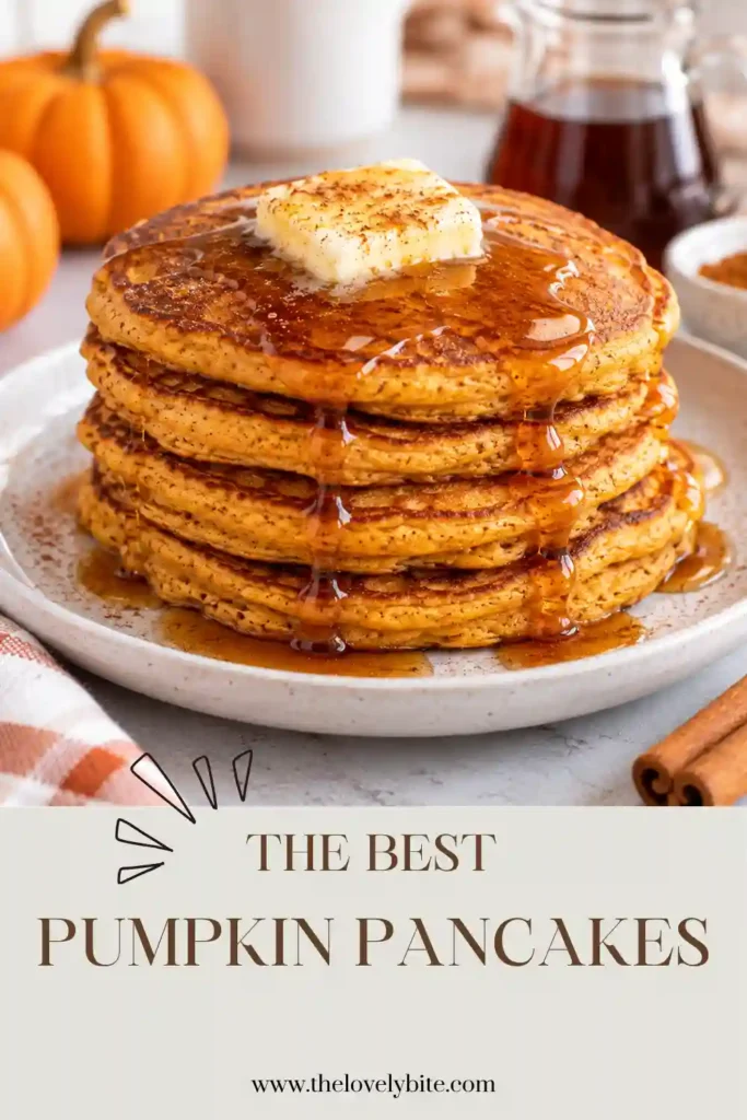 Homemade pumpkin spice pancakes served in a fluffy golden stack with maple syrup. Pumpkin puree and warm spices give the pancakes a comforting seasonal flavor.