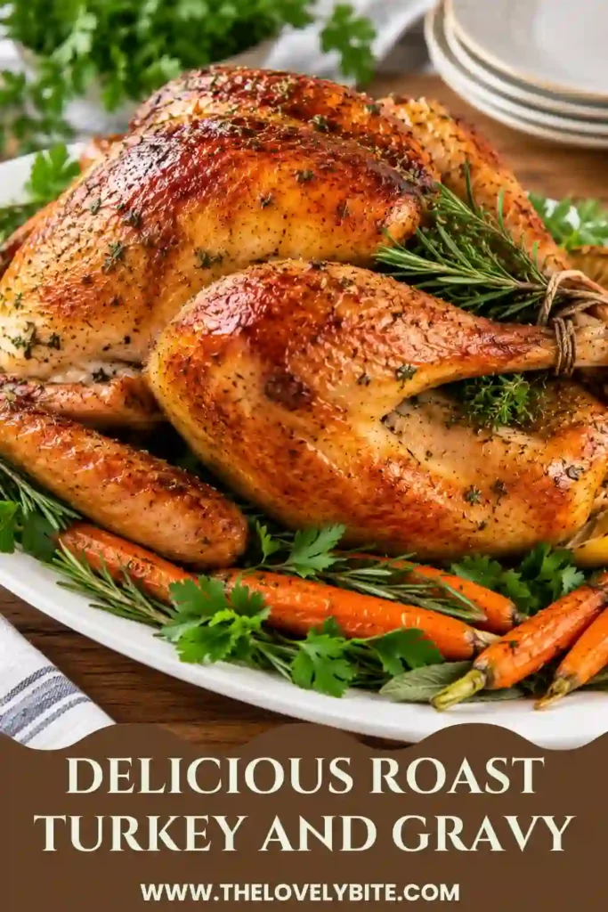 Golden Roast Turkey and Gravy served as a classic holiday centerpiece with fresh herbs. The oven roasted turkey has crisp browned skin and tender, juicy meat.