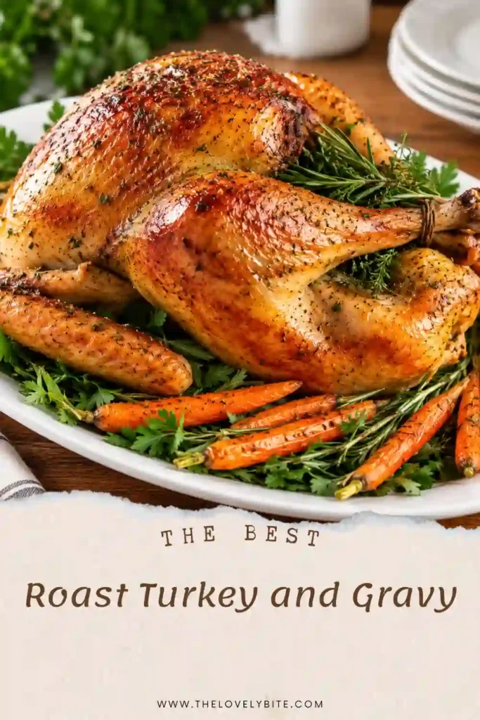 Juicy roast turkey with golden herb-butter skin served with homemade turkey gravy. This classic Thanksgiving turkey recipe makes a comforting centerpiece for a family meal.
