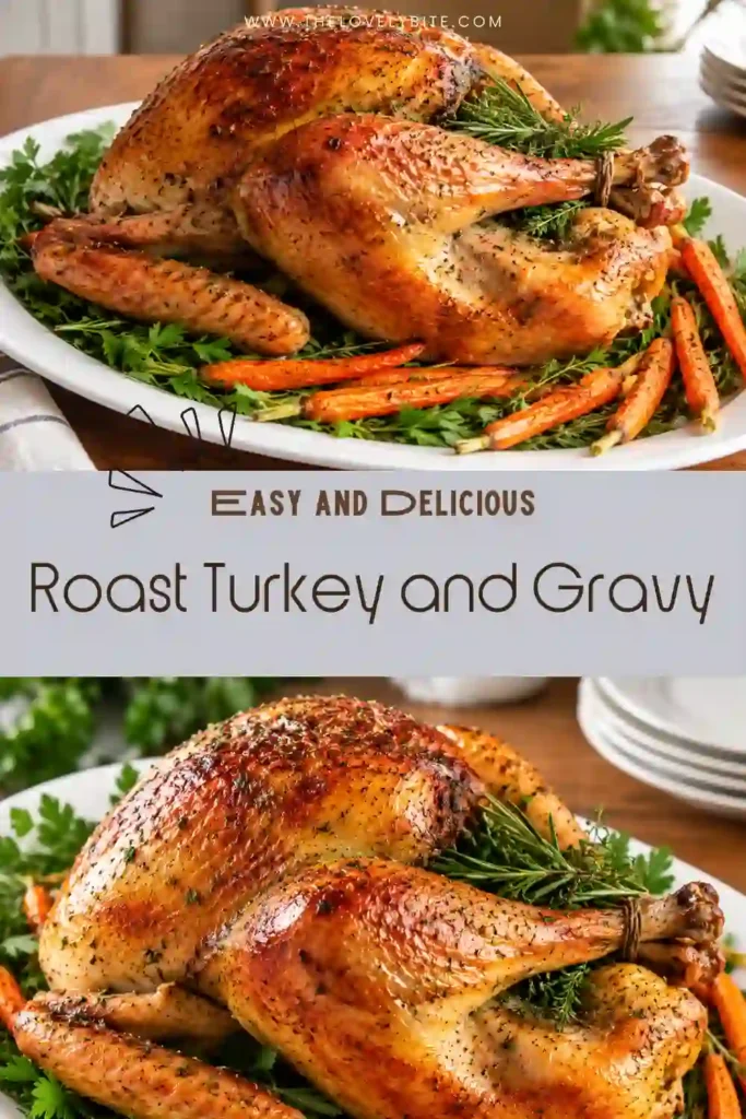 Whole oven roasted turkey seasoned with sage and rosemary and served alongside rich gravy. The browned skin and savory pan gravy create a classic holiday presentation.