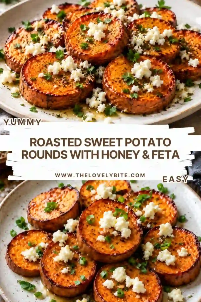 Golden roasted sweet potato rounds topped with creamy feta cheese, honey, and fresh herbs. This easy sweet potato side dish combines sweet, salty, and savory flavors.