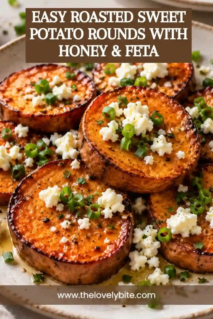 Honey feta sweet potatoes arranged on a serving platter with crumbled feta and fresh thyme. The roasted sweet potato slices have tender centers and lightly caramelized edges.