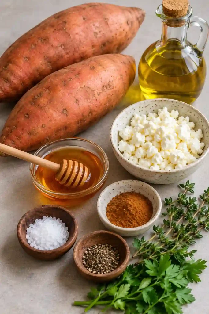 Roasted Sweet Potato Rounds with Honey & Feta topped with crumbled feta and fresh thyme. The caramelized sweet potato slices are finished with a golden honey drizzle.