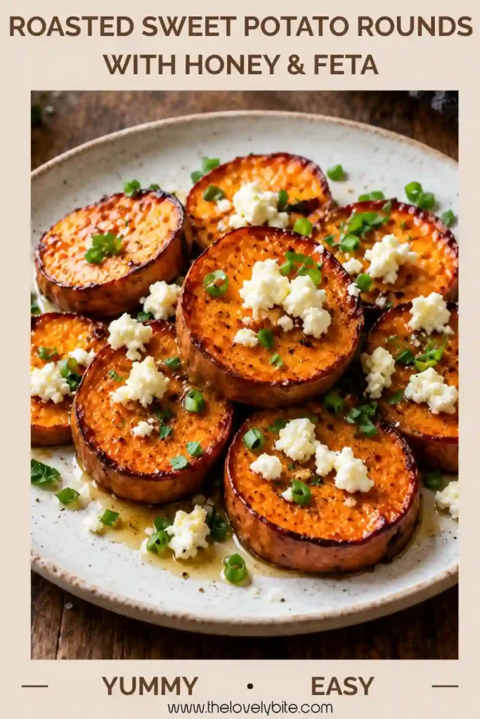 A colorful sweet potato appetizer featuring roasted sweet potato rounds, creamy feta, honey, and herbs. The golden rounds are roasted until tender with browned edges.