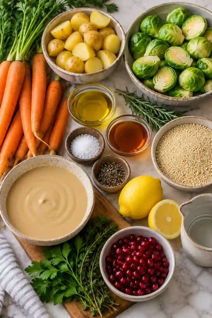 Roasted Vegetable Quinoa Bowls filled with fluffy quinoa, maple-roasted carrots, potatoes, and Brussels sprouts. Creamy maple tahini dressing, herbs, and pomegranate arils finish this colorful autumn harvest bowl.