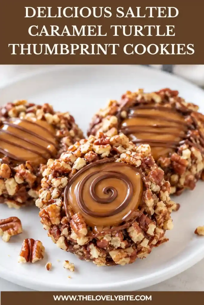 Homemade turtle thumbprint cookies made with rich chocolate cookie dough, crunchy pecans, and a soft caramel center. Melted chocolate is drizzled over the finished cookies.
