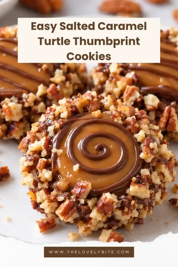 Chocolate caramel cookies with a pecan crust and creamy salted caramel filling arranged for serving. A delicate chocolate drizzle adds a rich finish to the thumbprint cookies.