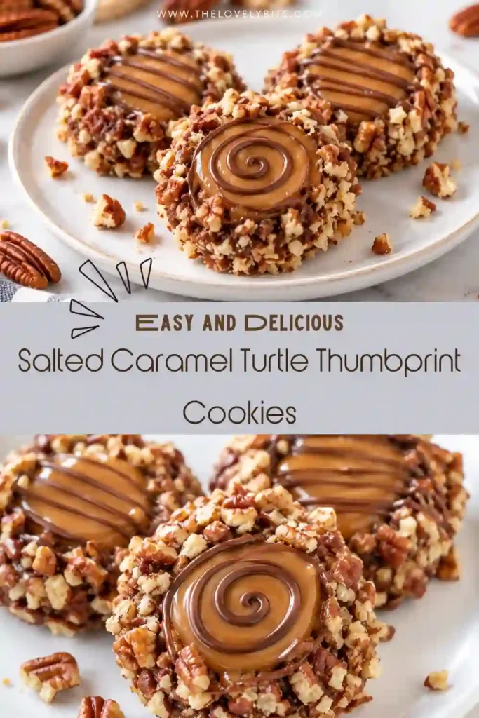 Pecan thumbprint cookies with a dark chocolate base and golden caramel centers. These salted caramel cookies are topped with melted chocolate and a pinch of flaky sea salt.