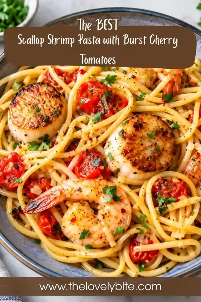 Shrimp and scallop pasta served with juicy cherry tomatoes in a light garlic butter sauce. The seafood is seared until tender and combined with pasta and fresh parsley.