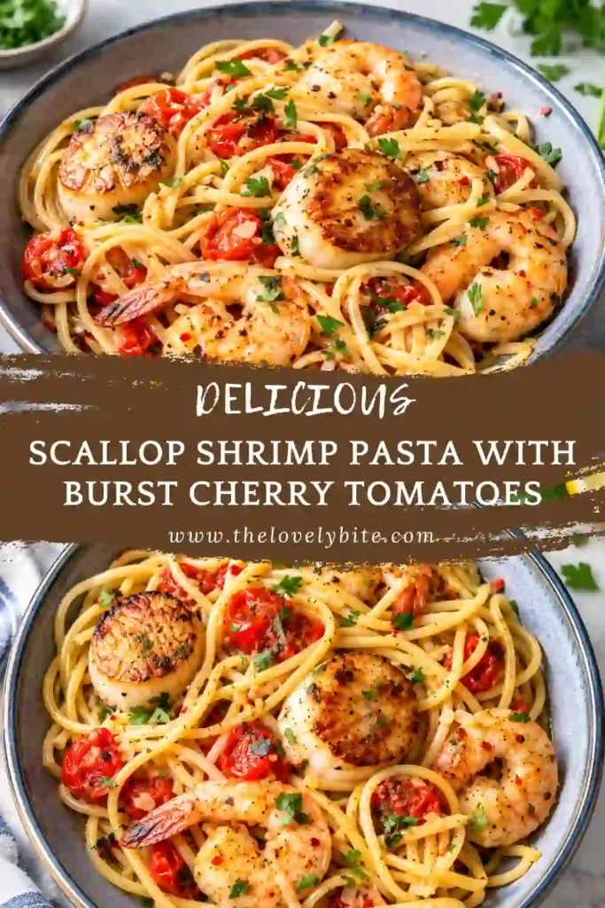 Homemade seafood pasta featuring seared scallops, shrimp, burst cherry tomatoes, garlic, and fresh parsley. The pasta is coated in a light buttery sauce.