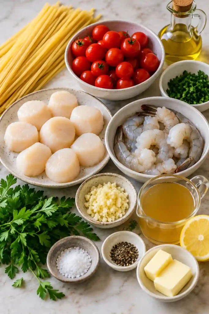 Garlic seafood pasta with tender shrimp, golden scallops, and sweet cherry tomatoes. Fresh parsley finishes this colorful shrimp and scallop pasta.