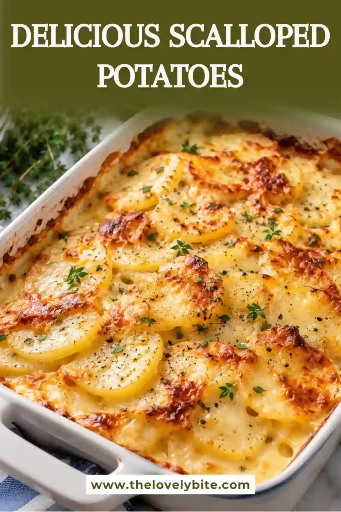 Creamy scalloped potatoes layered in a baking dish with thin potato slices, onions, butter, and a smooth milk sauce. The top is oven-baked until tender and golden brown.
