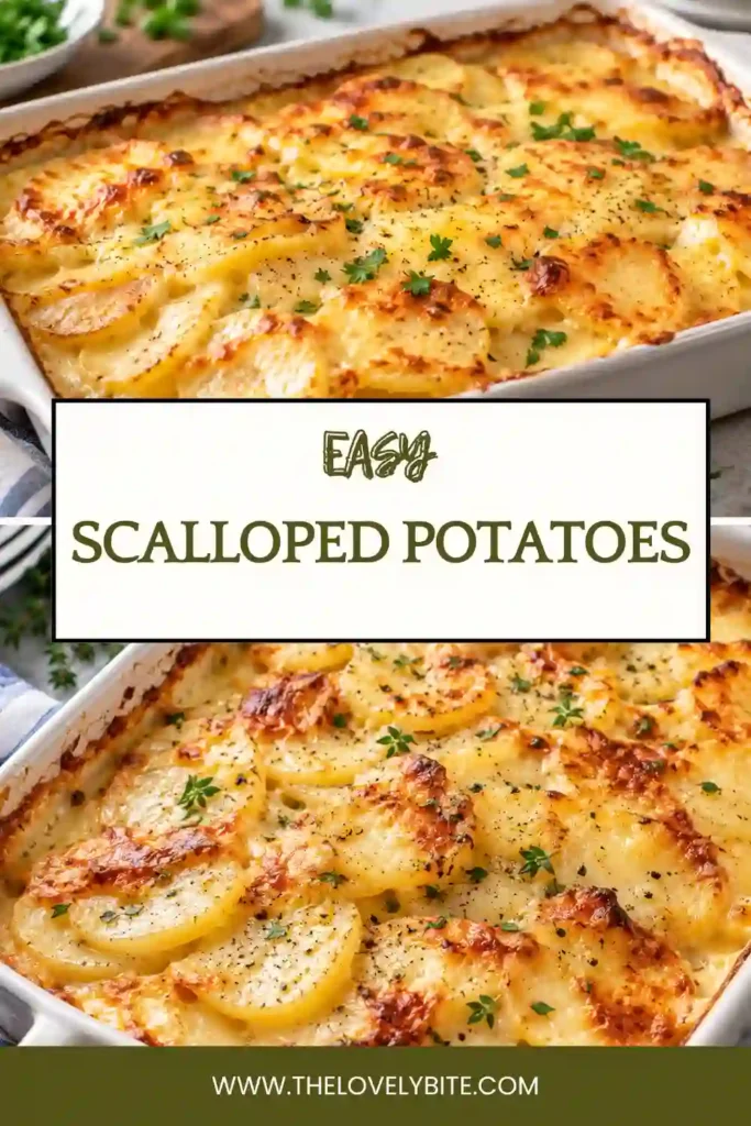 Golden homemade scalloped potatoes served warm from the oven with tender sliced potatoes and onions. The creamy potato casserole has a lightly browned top and rich, buttery sauce.