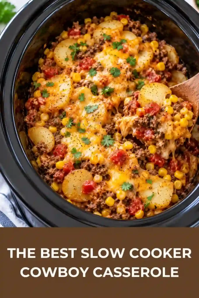 Slow Cooker Cowboy Casserole served warm with seasoned ground beef, tender potatoes, kidney beans, corn, and melted cheddar cheese. This hearty crockpot dinner has a rich, creamy finish.