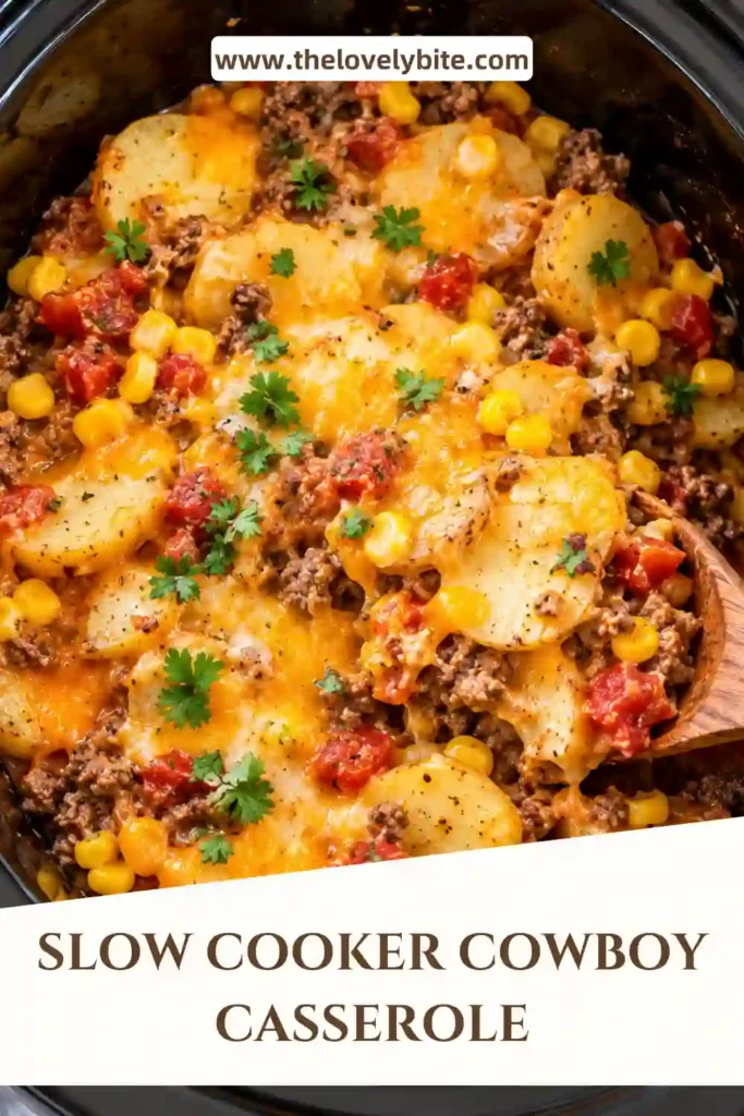 A bowl of Slow Cooker Cowboy Casserole made with ground beef, sliced potatoes, beans, corn, sour cream, and cheddar. The creamy, cheesy casserole is finished with a touch of hot sauce.