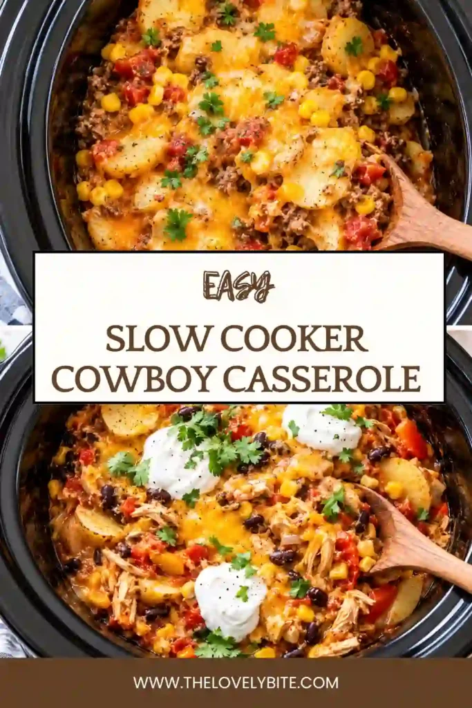 Homemade crockpot cowboy casserole with tender potatoes, savory ground beef, kidney beans, sweet corn, and melted cheese. A comforting slow cooker beef casserole for an easy family dinner.