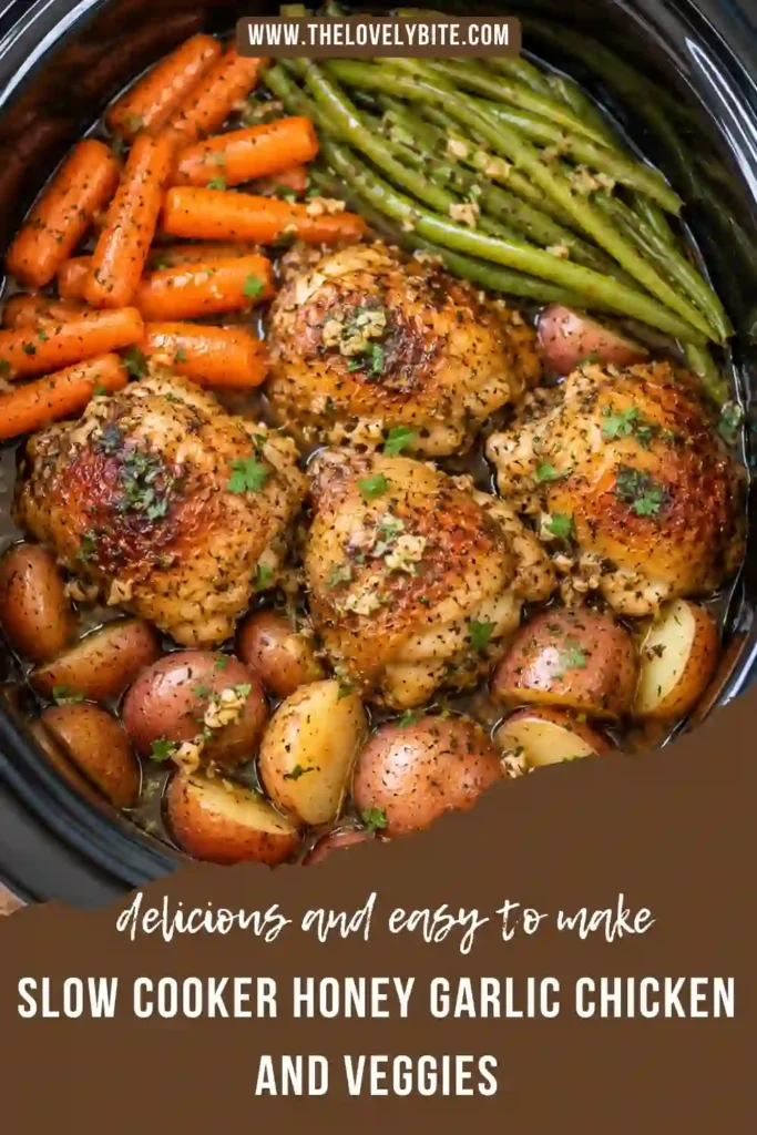 Honey garlic chicken thighs cooked slowly with baby potatoes, carrots, and fresh green beans. This easy chicken dinner features a glossy honey garlic sauce and colorful vegetables.