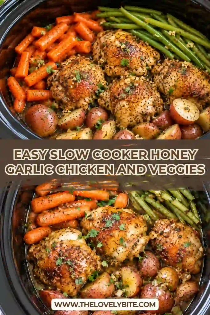 Slow cooker chicken and vegetables featuring golden chicken thighs, red potatoes, carrots, and green beans. A sweet and savory honey garlic sauce coats the chicken and vegetables.