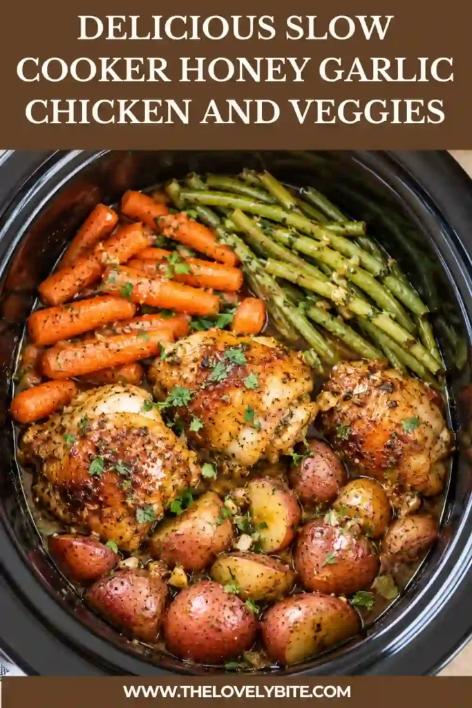 Crockpot chicken thighs served with tender potatoes, carrots, and green beans in honey garlic sauce. The finished chicken has crisp golden skin and is garnished with fresh parsley.